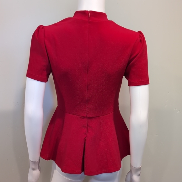 SHEIN Red Short Sleeve High Neck Zip Back Peplum Hem Blouse Size Medium - Picture 4 of 9
